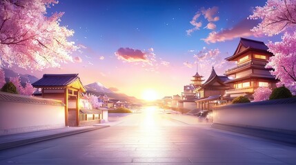 Obraz premium A picturesque anime cityscape at sunset, showcasing a blend of traditional and modern architecture, ideal for enhancing storytelling or artistic projects.