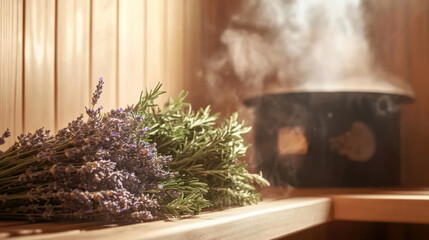 Relaxing sauna experience with aromatic herbs and soothing steam for wellness and relaxation