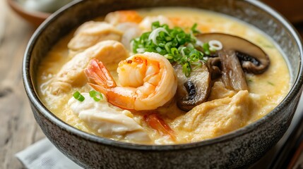 A bowl of chawanmushi, a savory steamed egg custard with shrimp, chicken, and mushrooms.


