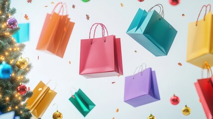 Colorful shopping bags falling with christmas tree on color background,holiday shopping online season,holiday winter shopping bags and gift boxes,space for text.