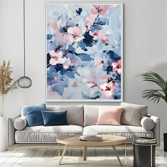 Indigo Floral Poster Living Room Print light pink Flowers Wall Art Boho Style Botanical Printable Home Decor Muted Colors