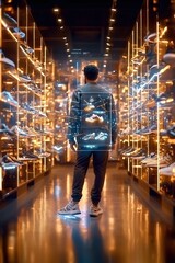 Fototapeta premium Man in a Shoe Store with Augmented Reality Technology.