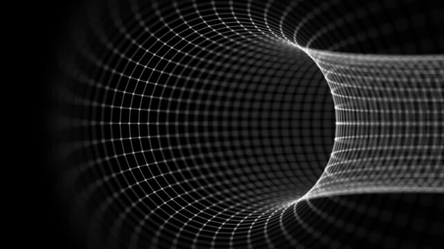 Abstract torus shape with wormhole grid lines curving inward on black background. Seamless loop.