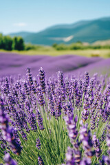 Fototapeta premium Lavender Fields Blooming Under Clear Sky with Mountain Backdrop