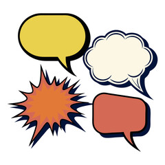 Collection of dynamic, pop-art comic-style speech and thought bubbles in various shapes and sizes, including blank speech bubbles for text, available in vector and icon formats.