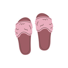 Cozy domestic slippers. Home soft and comfy footwear, fluffy slippers, flip flops and male and female textile house shoes flat vector illustration . Indoor footwear collection isolate on white .