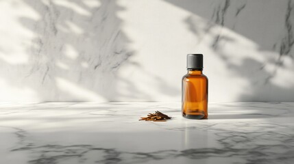 Mockup of Agarwood Splinters Arranged Around an Essential Oil Bottle