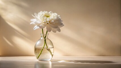 Elegant Composition of White Flower in a Clear Glass Vase on a Minimalist Table, Capturing the Beauty and Serenity of Nature in a Bright Indoor Setting with Soft Natural Light