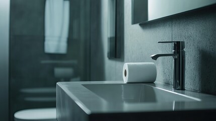 Fototapeta premium Modern Bathroom Sink with Roll of Paper Towel