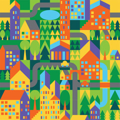 Top view of the endless image of the city in bright colours and geometric style. Houses, trees, roads, cars. Seamless pattern.