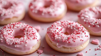 Delicious pink frosted donuts with sprinkles celebrating sweetness and love.