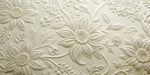 Elegant Embossed Shiny White Leather with Floral Motif Background Wallpaper in Minimalist Style for Contemporary Interior Design and Decor