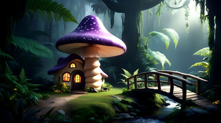 A magical dreaming mushroom house in the forest at sunset