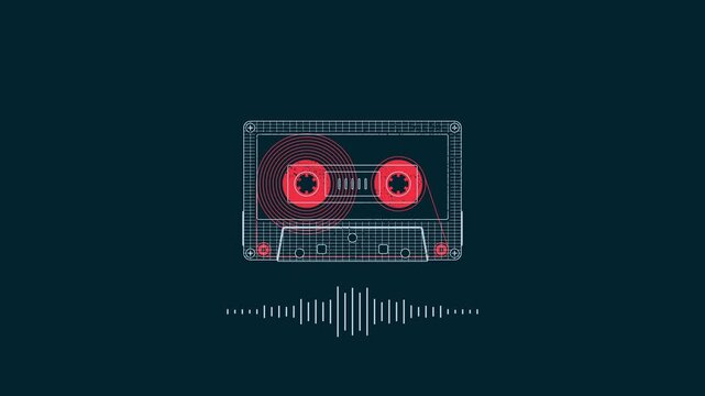 Animation of an audio cassette. 4K looped video clip for overlaying audio recordings: music, conversation, audiobooks and so on