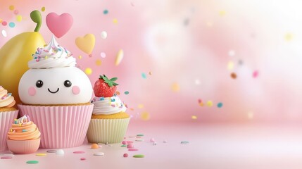 A soft cute pink background filled with smiling fruits and cupcakes, with colorful sprinkles and confetti, perfect for promoting fun and sweetness in a lighthearted way.