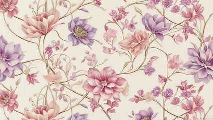 wallpaper with a flower and plant theme with a cream colored background