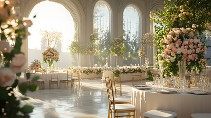 Intimate wedding reception scene with elegant decor and floral arrangements