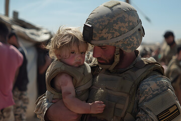 Soldier in Full Combat Gear Holding Girl for Rescue | Military Heroism, Emergency Response, Saving Lives, Courage in Crisis, Child Protection