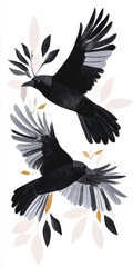 Majestic black birds in flight among abstract leaves illustration
