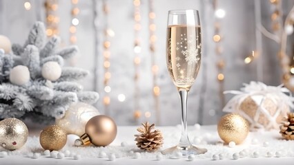 Christmas still life with champagne glass and festive decorations on light white silver background with glitter sparkle bokeh. New Year and Christmas holiday template for celebration, congratulation.