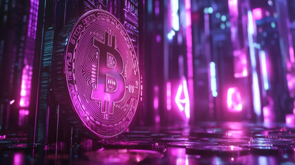 Bitcoin in the Digital Realm: A gleaming Bitcoin coin stands tall amidst a vibrant, neon-drenched cityscape, symbolizing the cryptocurrency's dominance in the digital world.