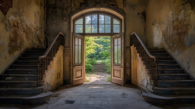 A hauntingly beautiful view of a decaying entrance with vibrant greenery outside.