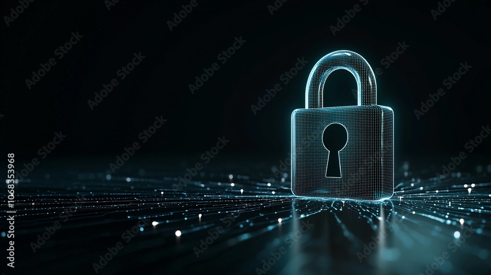 Poster a close-up of a digital padlock icon glowing on a dark background, representing cybersecurity, with 