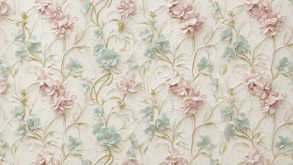 wallpaper with a flower and plant theme with a cream colored background