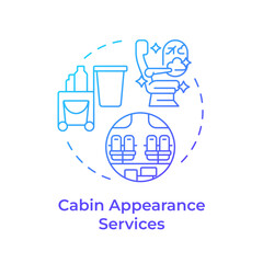 Cabin appearance services blue gradient concept icon. Trash cleaning, hygiene. Aircraft maintenance. Round shape line illustration. Abstract idea. Graphic design. Easy to use in infographic
