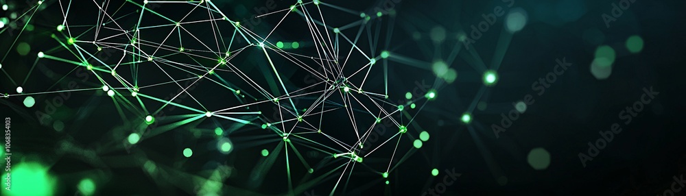 Poster a futuristic network grid with secure connections highlighted in green, set against a dark, minimali