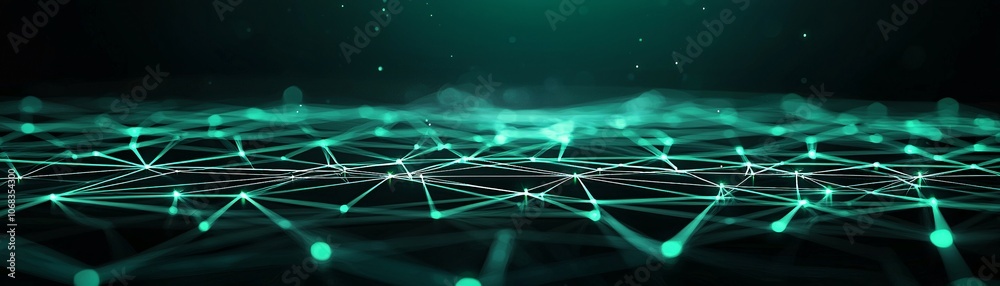 Poster a futuristic network grid with secure connections highlighted in green, set against a dark, minimali