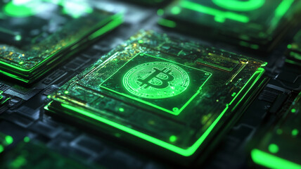 Bitcoin: The Digital Currency Revolution: A futuristic and abstract image of the Bitcoin logo, glowing green and embedded within a circuit board, represents the power, innovation.