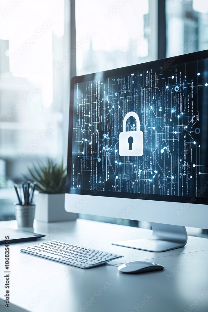 Poster a professional office setting with a computer monitor showing encrypted data transmission, alongside