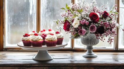 Elegant Cupcakes and Floral Arrangement by Window