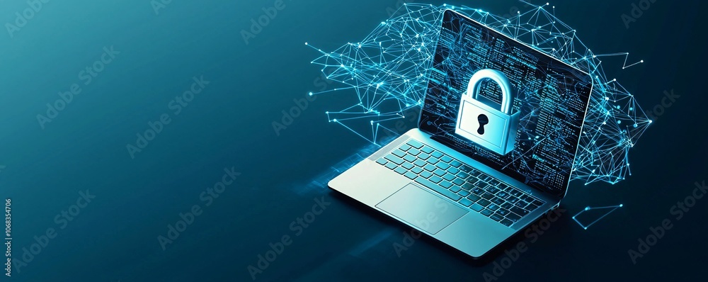 Poster a minimalist scene featuring a secure network connection on a laptop screen, with a digital lock ove
