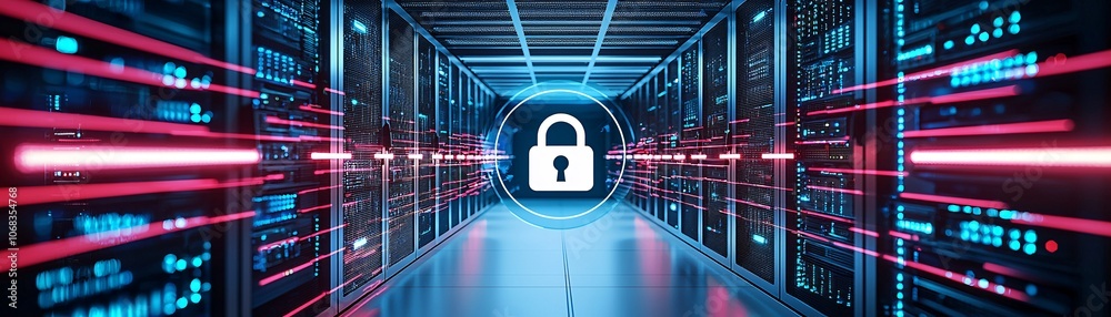 Poster a server room with glowing data cables and a padlock icon overlay, emphasizing cybersecurity in data