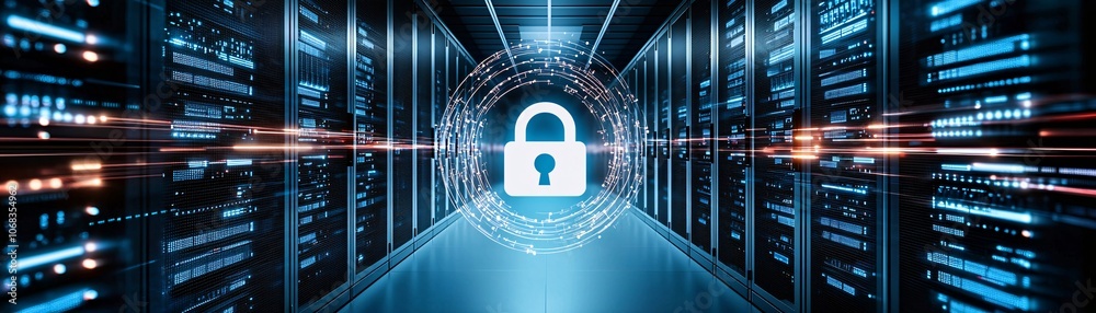 Poster a server room with glowing data cables and a padlock icon overlay, emphasizing cybersecurity in data