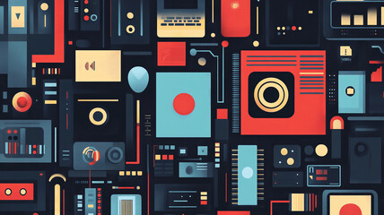 Obraz premium Abstract Tech Collage: A vibrant tapestry of geometric shapes, circuit elements, and digital interfaces creates a dynamic and visually captivating abstract composition. Perfect for technology.