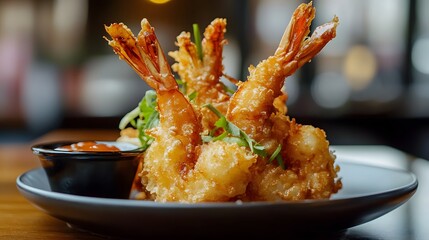 A serving of tempura shrimp, crispy and golden, served with a dipping sauce on the side.


