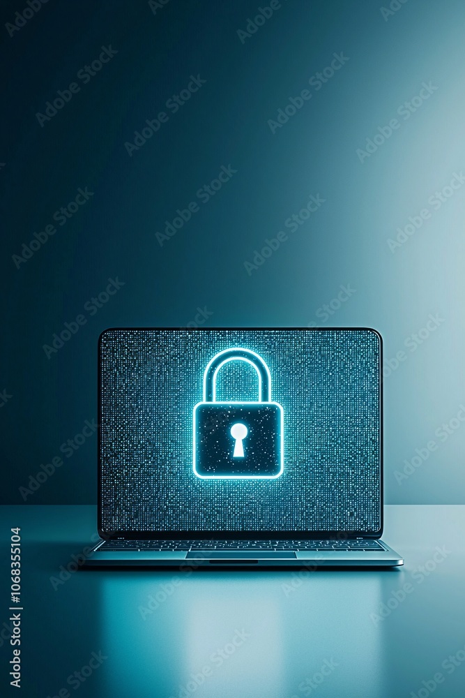 Poster a conceptual image of a laptop with a secure connection, represented by a glowing padlock icon hover
