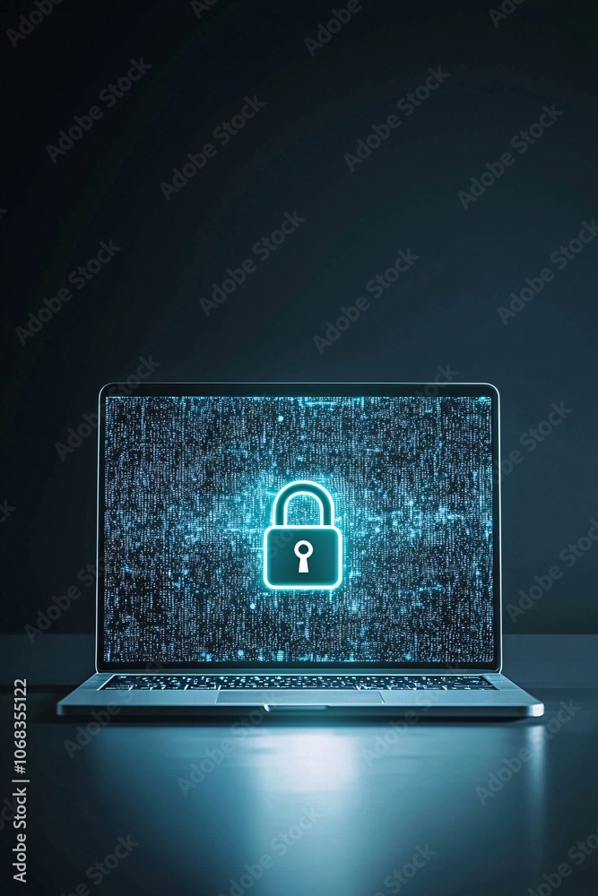 Poster a conceptual image of a laptop with a secure connection, represented by a glowing padlock icon hover