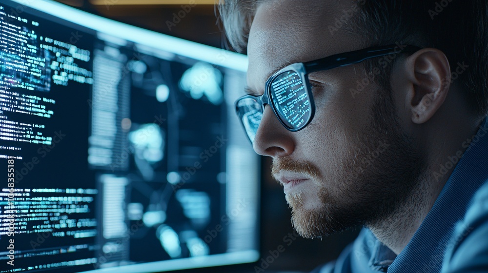 Poster a digital forensics expert analyzes data on a computer screen filled with code and digital traces, i