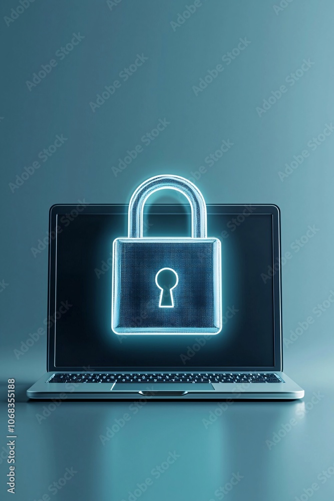 Poster a conceptual image of a laptop with a secure connection, represented by a glowing padlock icon hover