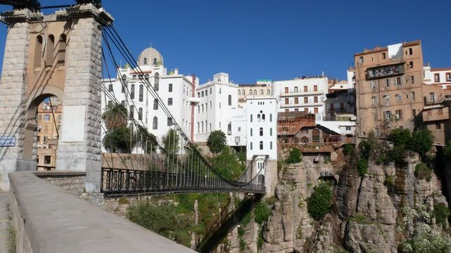 Mellah Seliman bridge in Constantine, Algeria (Passerelle Perregaux). Nice suspended pedestrian bridge over a deep gorge.