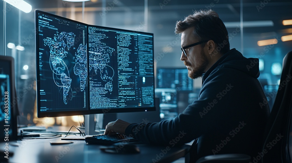 Poster a digital forensics expert analyzes data on a computer screen filled with code and digital traces, i