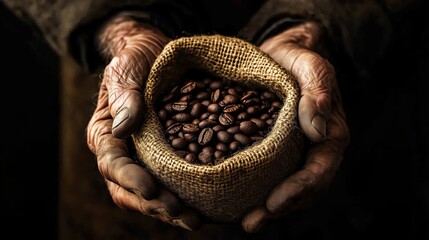 Aged Hands Holding Sack of Coffee Beans. Close-up of aged hands holding a burlap sack filled with roasted coffee beans, symbolizing tradition and craftsmanship.