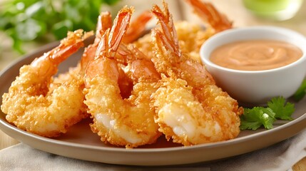 A serving of tempura shrimp, crispy and golden, served with a dipping sauce on the side.


