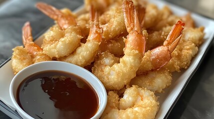 A serving of tempura shrimp, crispy and golden, served with a dipping sauce on the side.


