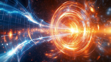 Fototapeta premium Cosmic Convergence: Abstract energy vortex of fiery orange and icy blue, swirling into a bright core. A captivating visualization of power, transformation, and cosmic energy. 
