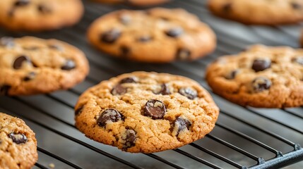 Freshly baked chocolate chip cookies cooling on a wire rack.